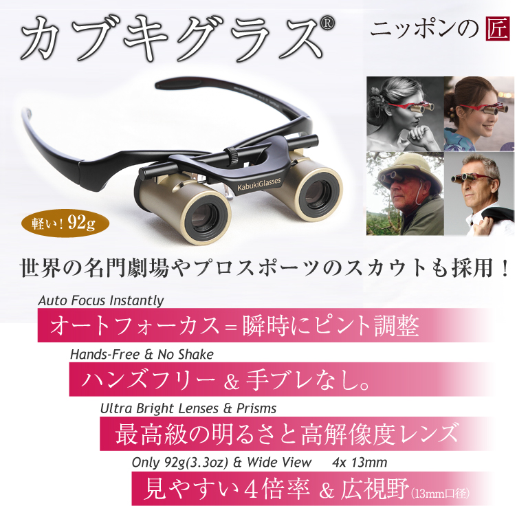 オートフォーカス & ハンズフリーの日本製高性能双眼鏡 カブキグラス　ブラック